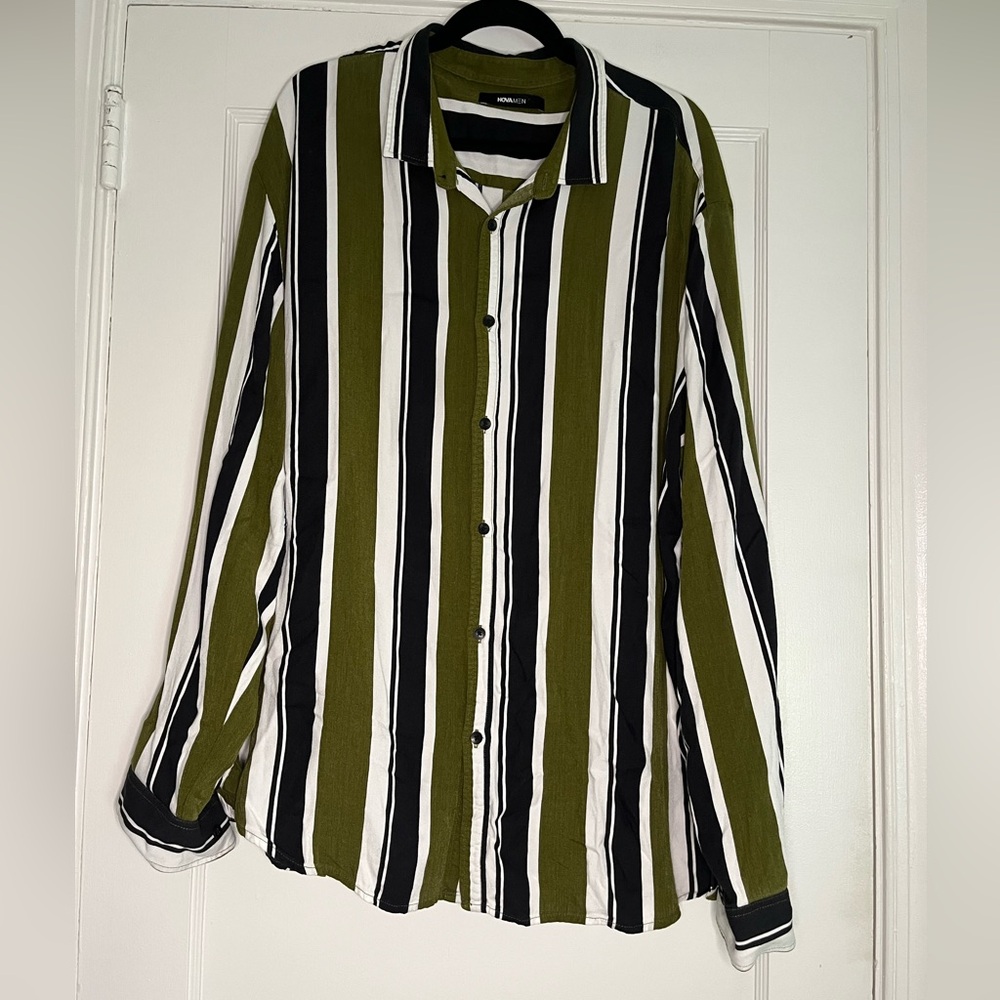 Fashion Nova Olive, Black & White Vertical Stripe Button-Up Shirt Men's XXXL